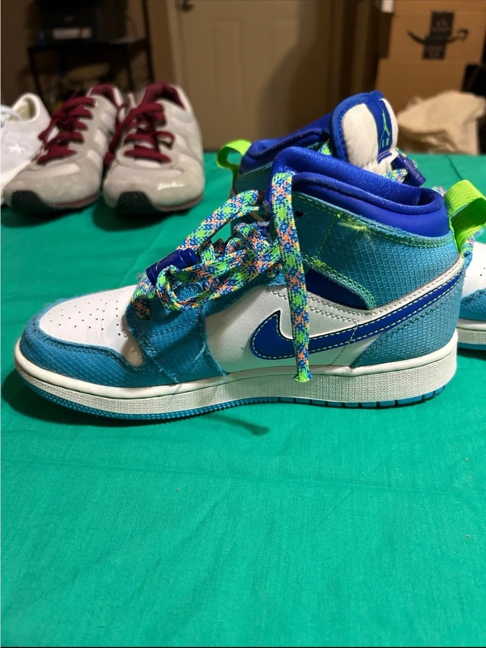Jordan Kids Blue, White and Neon Green High-Top Sneakers